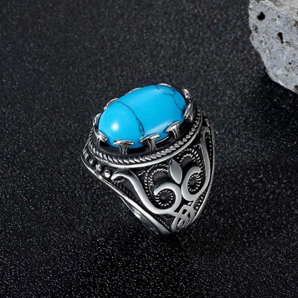 Retro Vintage Turquoise Tigers Eye Stainless Steel Ring